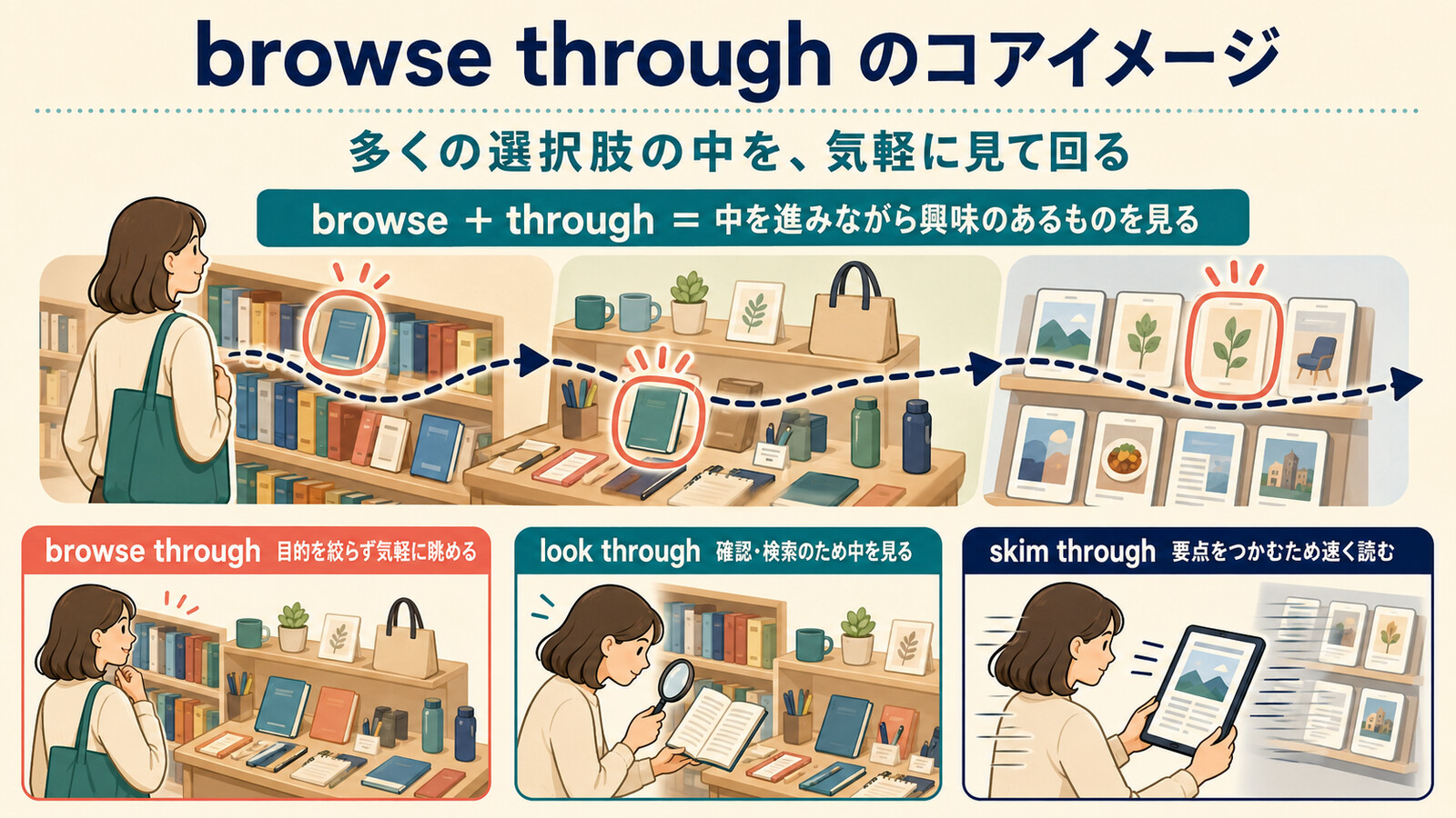 browse through・look through・skim throughの違いを示す図
