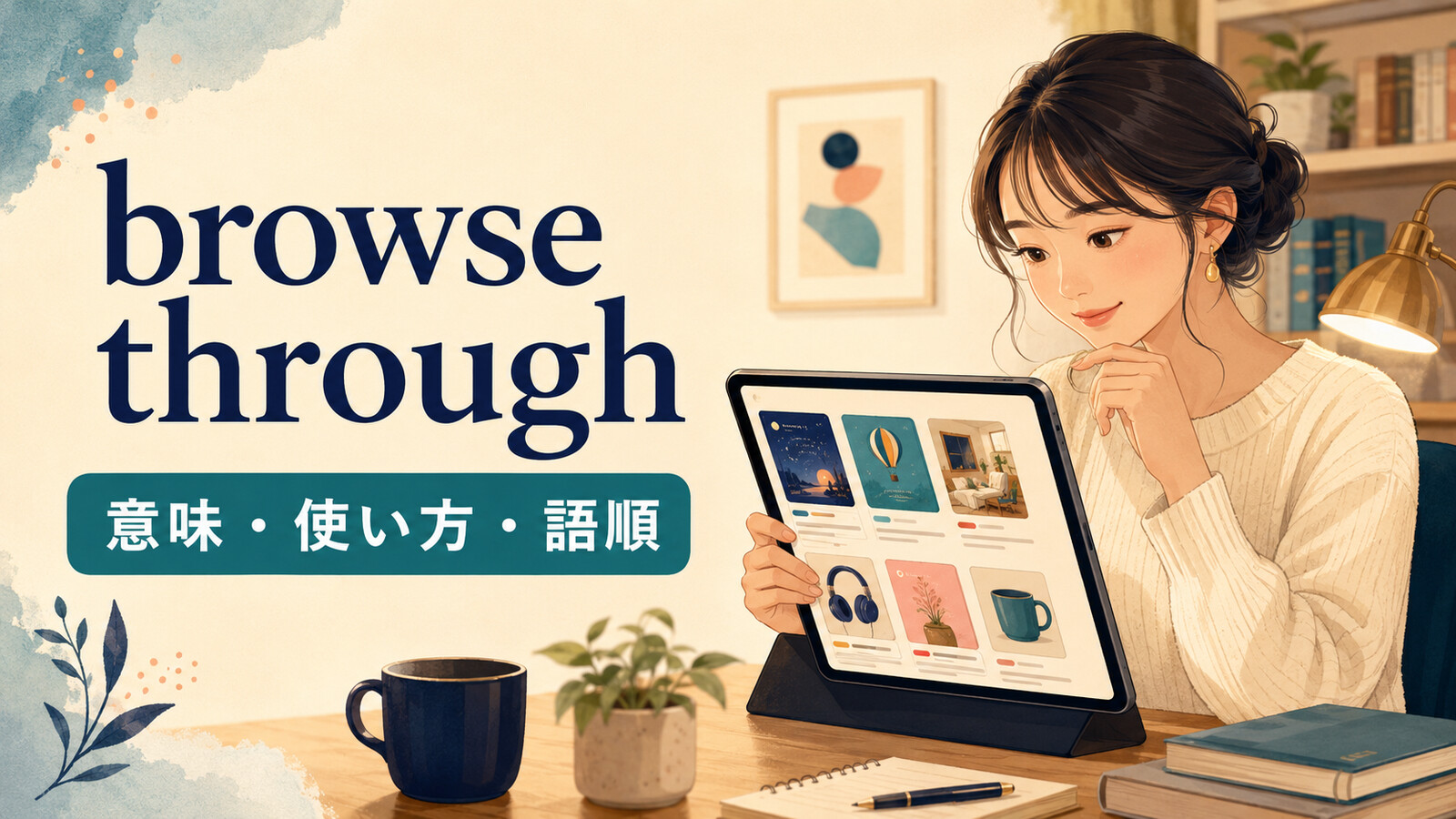 browse throughの意味・使い方・語順を示すアイキャッチ画像