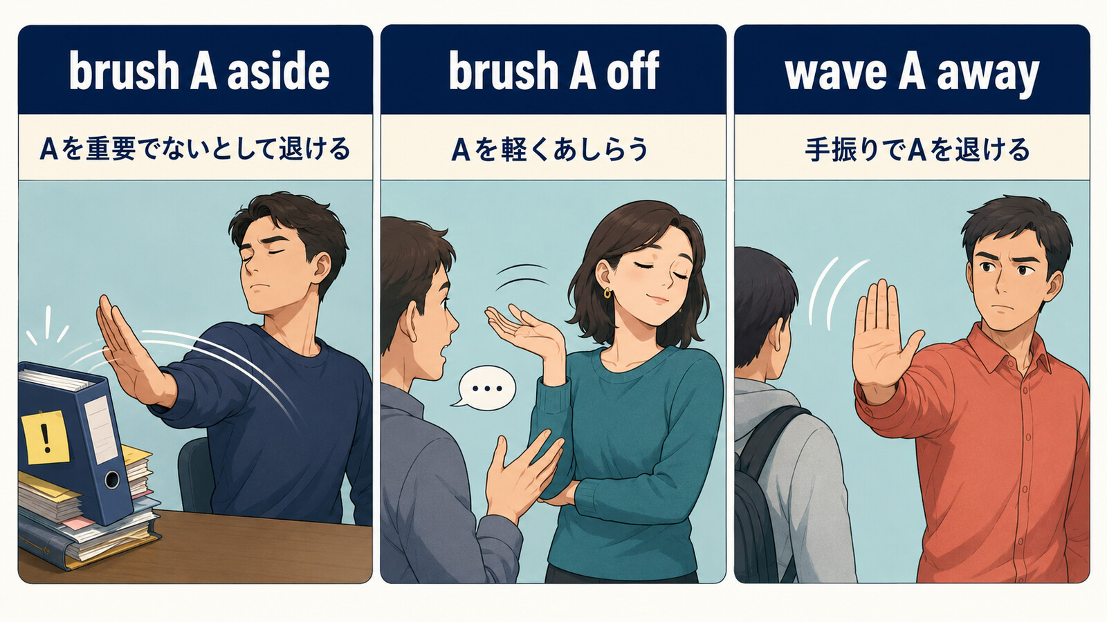 brush A asideとbrush A offとwave A awayのニュアンスの違いを比較する解説イラスト