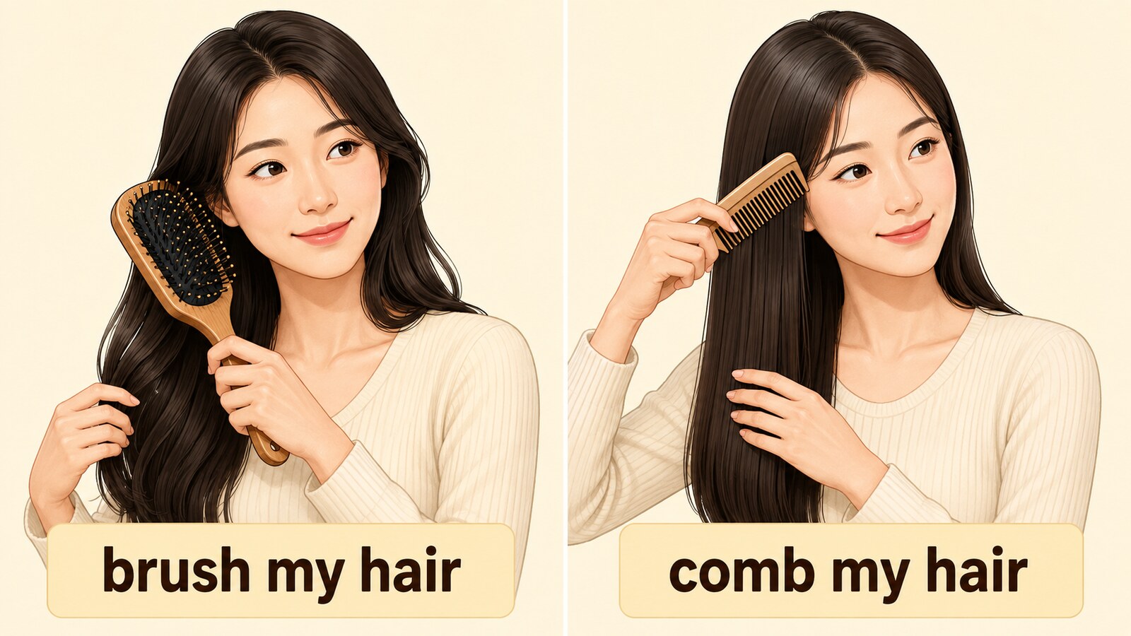 brush my hairとcomb my hairの道具と動作の違い
