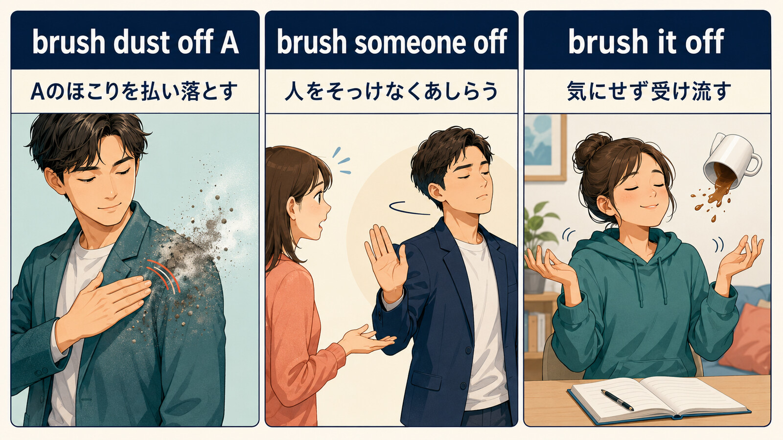 brush dust off Aとbrush someone offとbrush it offの意味の違いを比較する解説イラスト