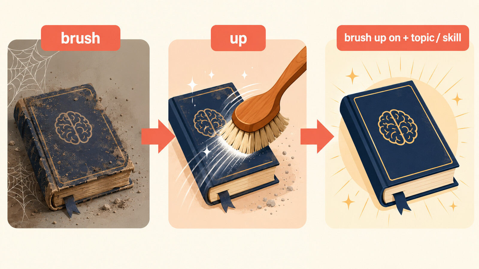 brush up onのコアイメージと語順を示すイラスト