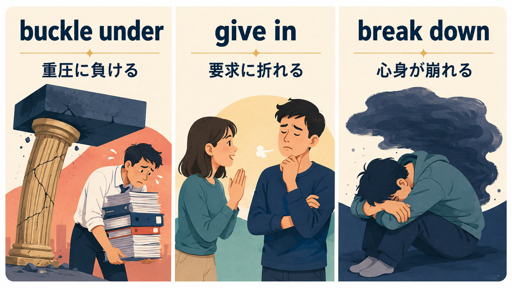 buckle under、give in、break downのニュアンスの違い