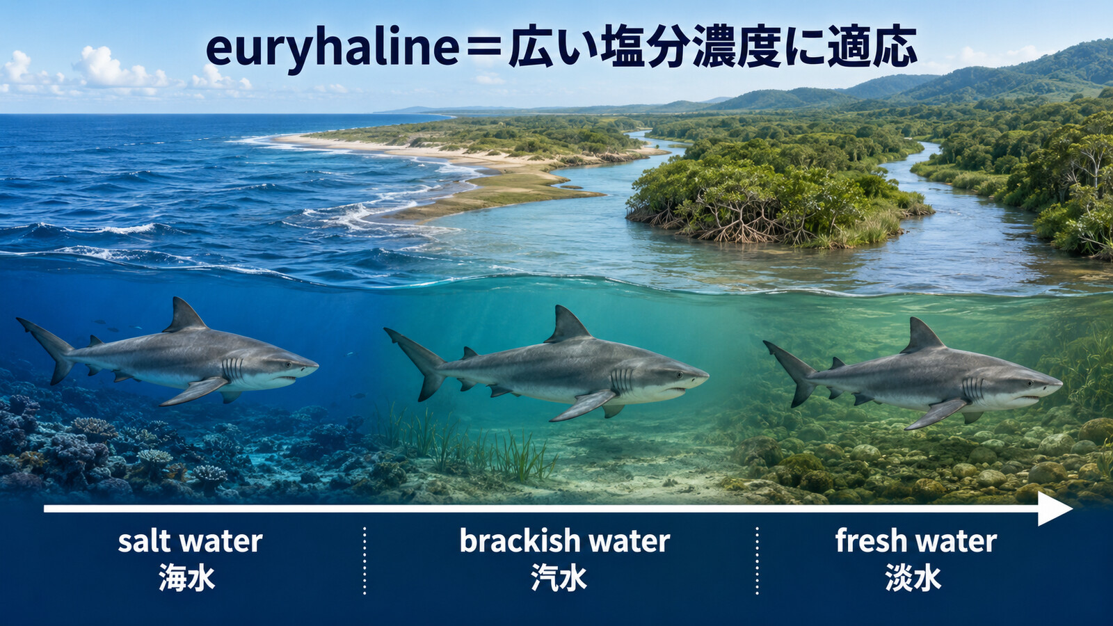 bull sharkがsalt waterからbrackish waterを経てfresh waterへ移動できることを示す図