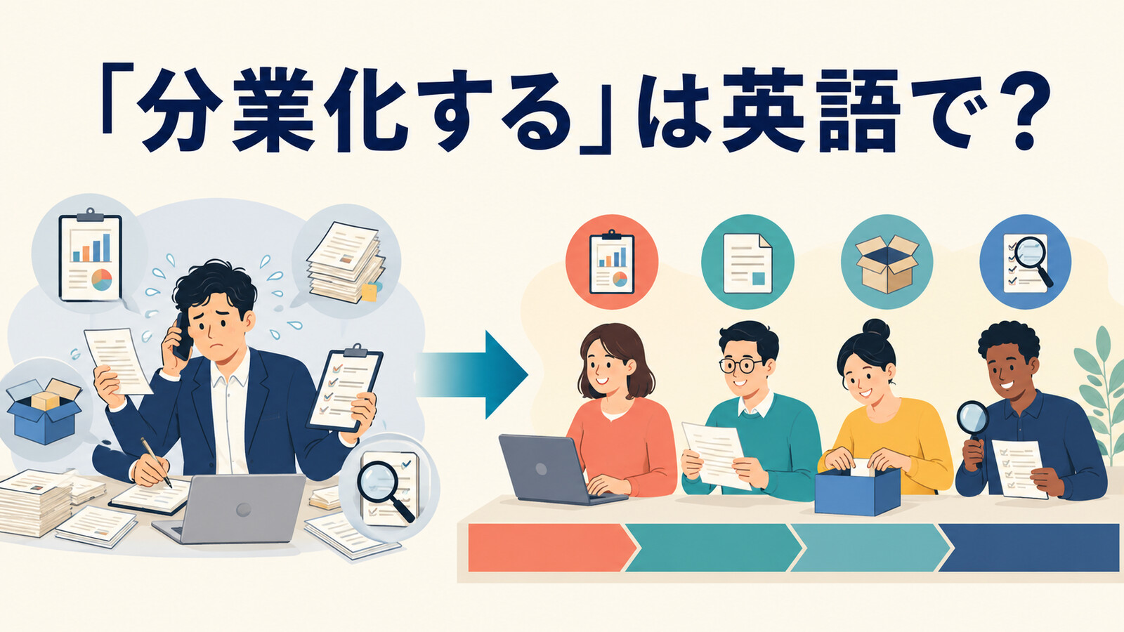 「分業化する」は英語で?専門ごとに仕事を分けるチームのイラスト