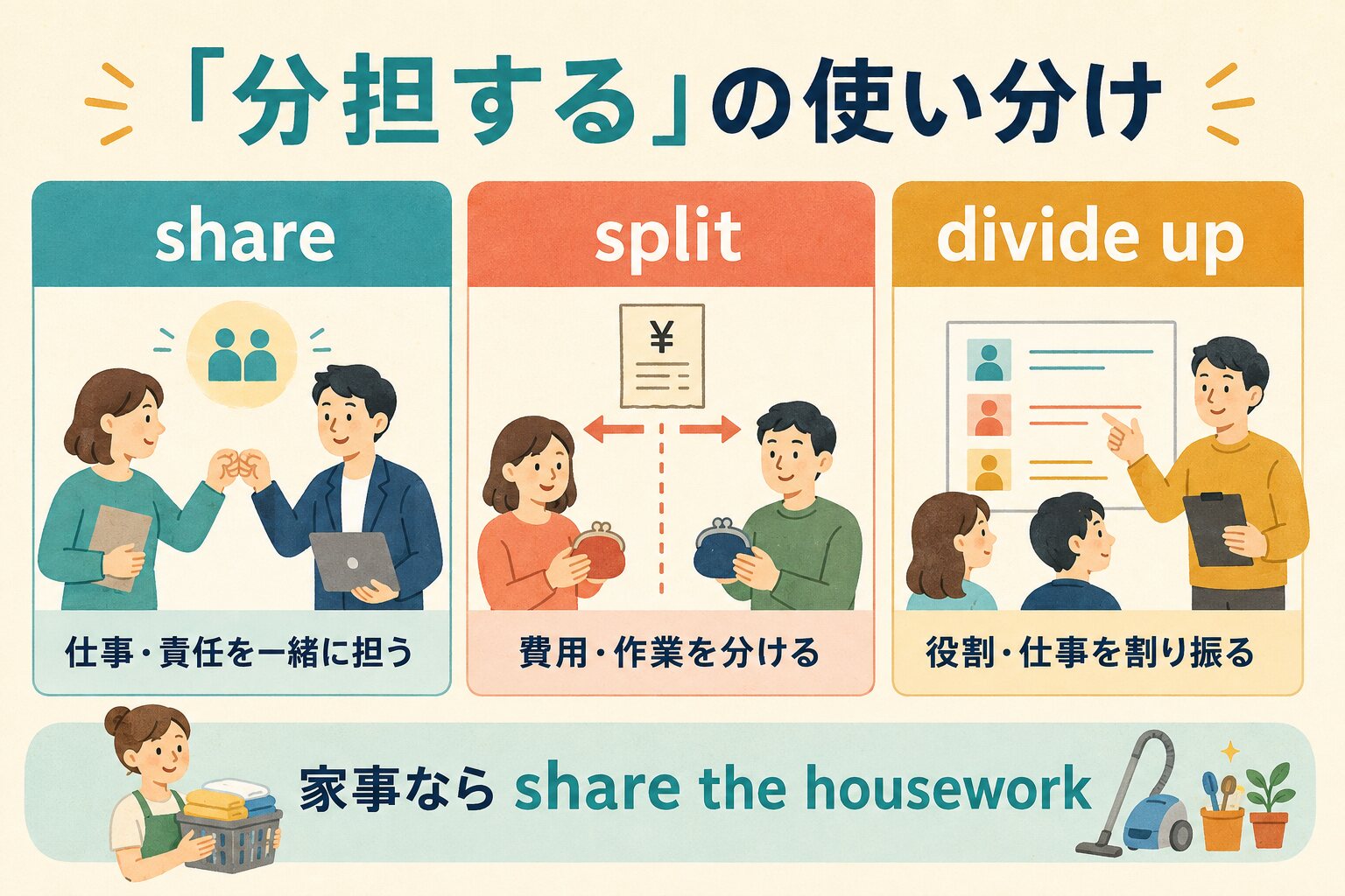 shareは共同で担う、splitは費用や作業を分ける、divide upは役割を割り振る