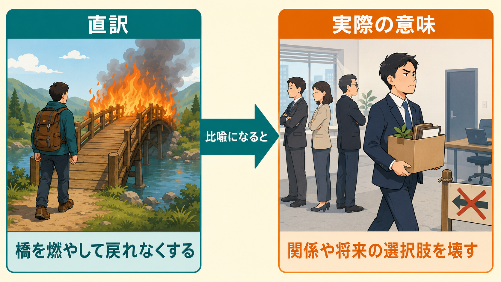 burn bridgesの直訳「橋を燃やして戻れなくする」から「関係や将来の選択肢を壊す」への意味の変化