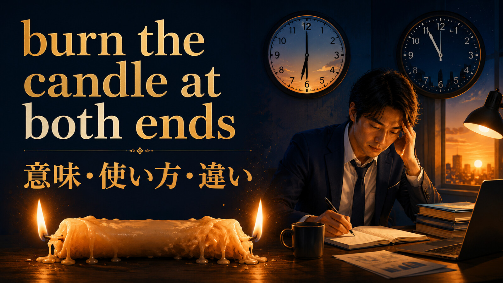 burn the candle at both endsの意味と使い方を解説するアイキャッチ画像