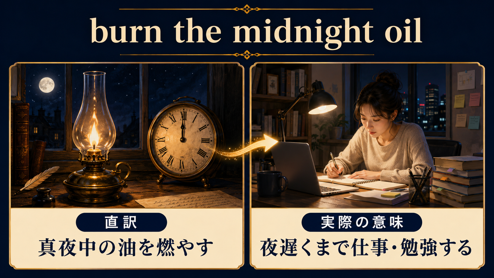 burn the midnight oilの直訳「真夜中の油を燃やす」と実際の意味「夜遅くまで仕事・勉強する」の比較図