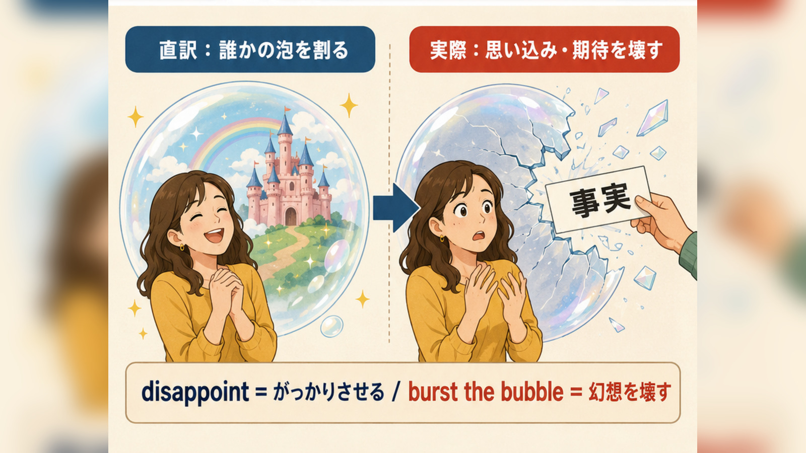 誰かの泡を割るという直訳から思い込みや期待を壊す意味を理解する図