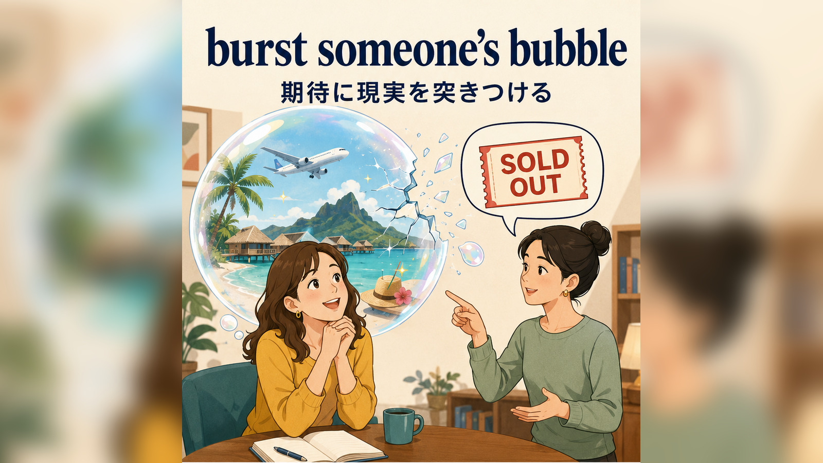 burst someone’s bubble(期待に現実を突きつける)の意味を表すアイキャッチ画像