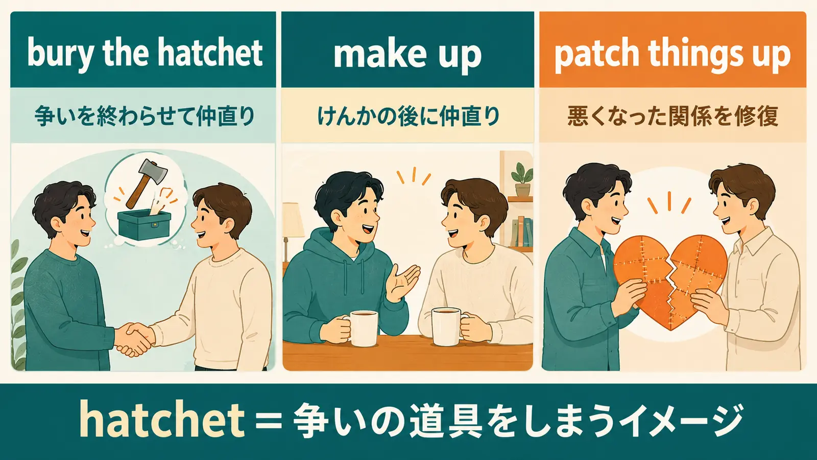 bury the hatchet、make up、patch things upのニュアンスの違い