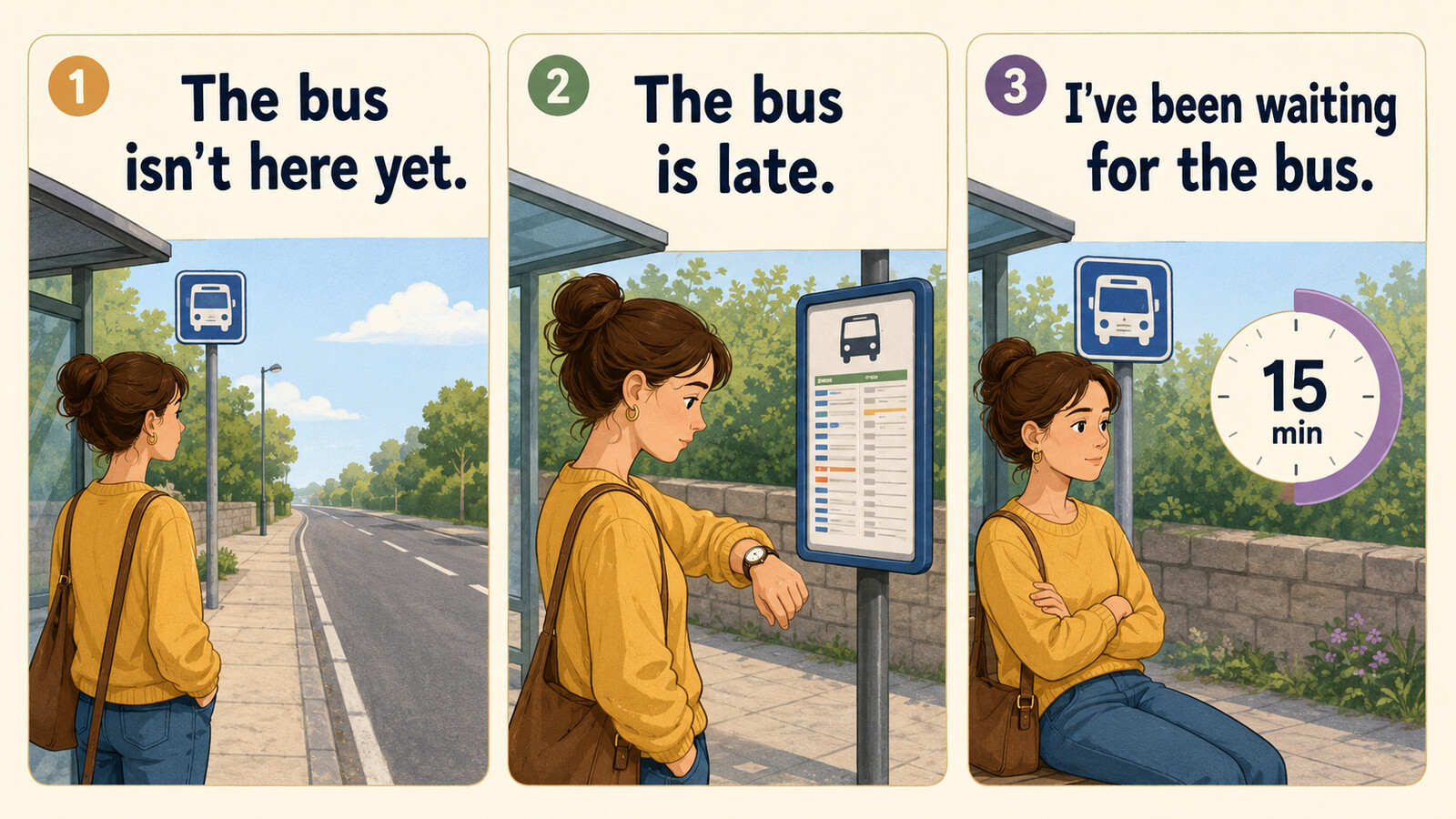 The bus isn't here yet、The bus is late、I've been waiting for the busの違いを示す図解