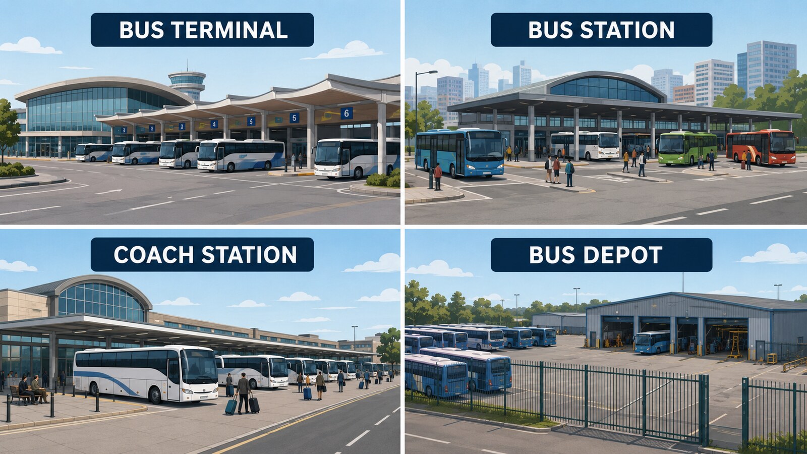 bus terminal、bus station、coach station、bus depotの違いを示すイラスト