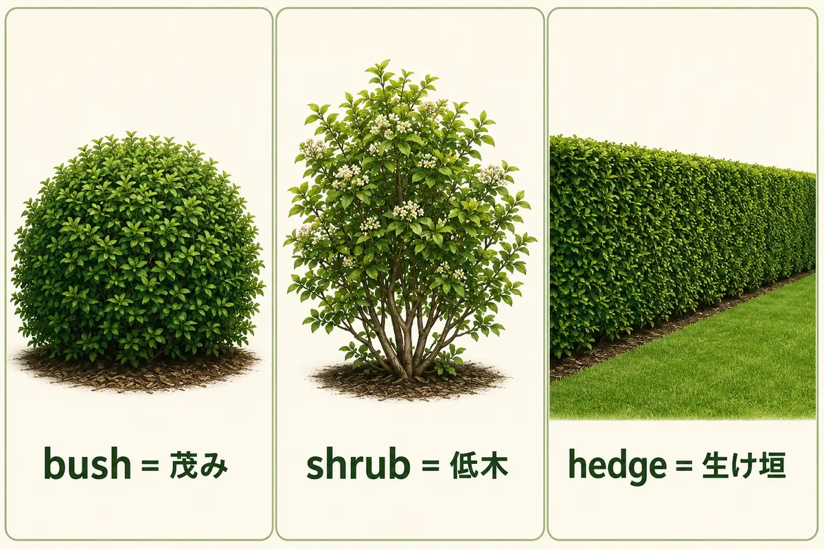 bushは茂み、shrubは低木、hedgeは生け垣という使い分け