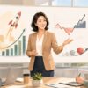 会議で英語を使ってプレゼンする女性とビジネスイディオムを表すイラスト