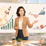会議で英語を使ってプレゼンする女性とビジネスイディオムを表すイラスト