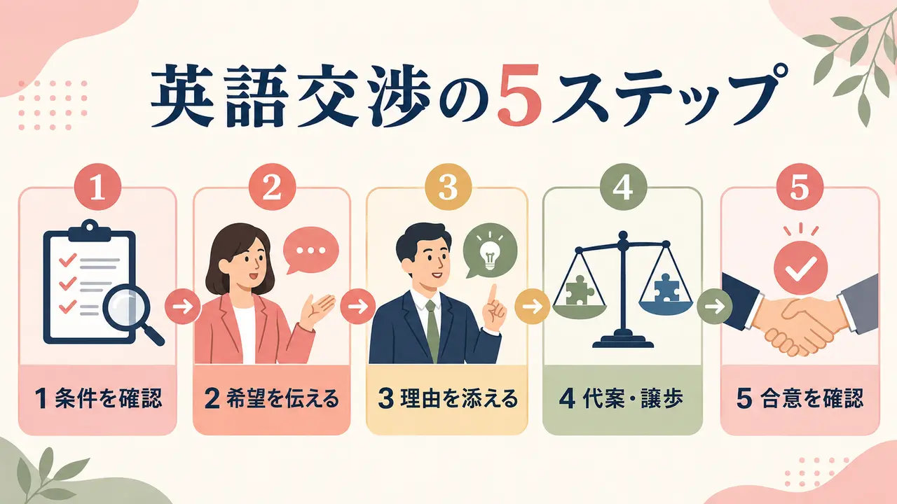 英語交渉の条件確認・希望・理由・代案・合意の5ステップ