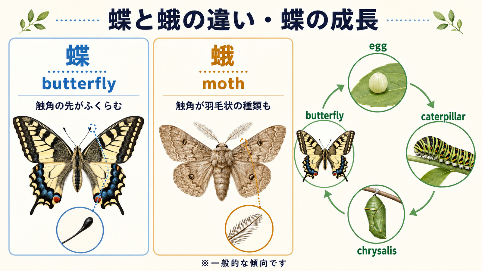 蝶と蛾の触角の違いとegg、caterpillar、chrysalis、butterflyの成長過程