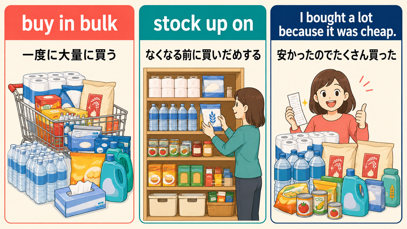 buy in bulk、stock up onと簡単な言い換えの比較