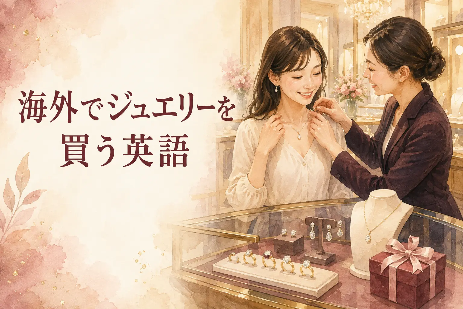 海外のジュエリー店でネックレスを試す女性と「海外でジュエリーを買う英語」の文字