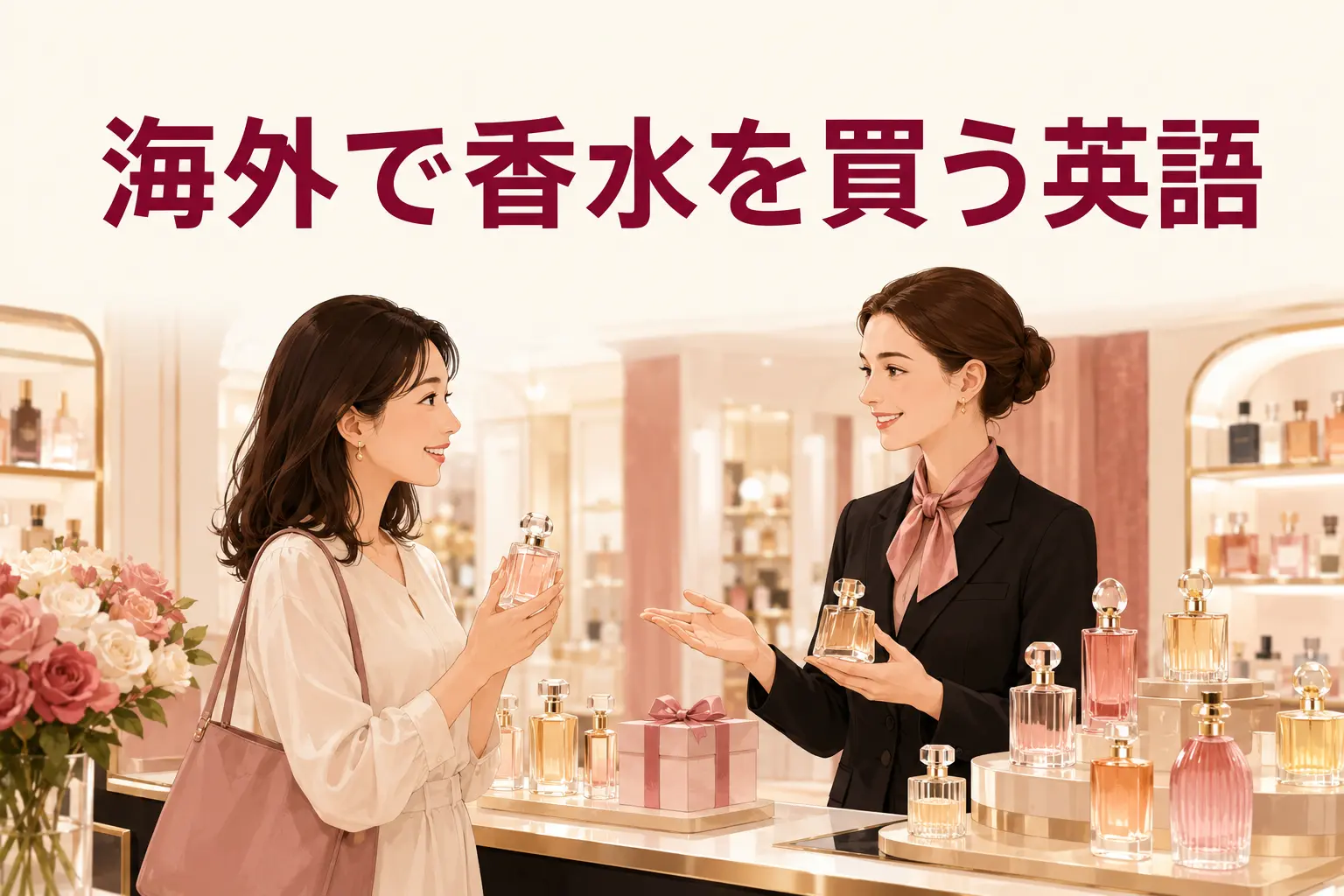 海外の香水売り場で店員と相談しながら香水を選ぶ女性