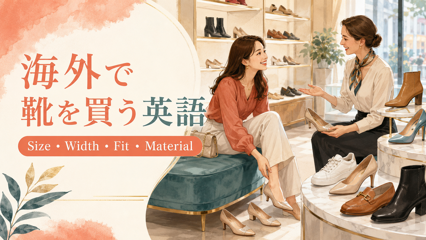 海外の靴店でパンプスを試着しながら店員に英語で相談する女性