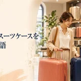 海外の旅行用品店でスーツケースを選ぶ日本人女性