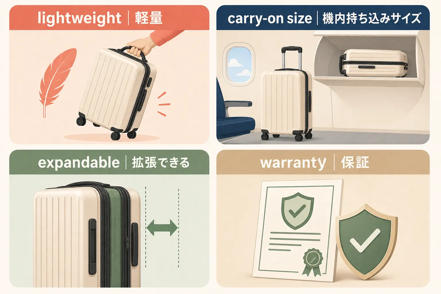 lightweight、carry-on size、expandable、warrantyの日本語付き図解