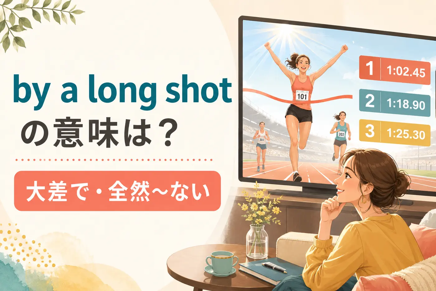 by a long shotの意味は大差で・全然ない