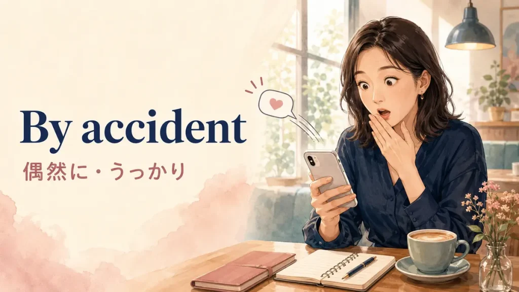 By accident(偶然に・うっかり)の意味を表す女性のイラスト