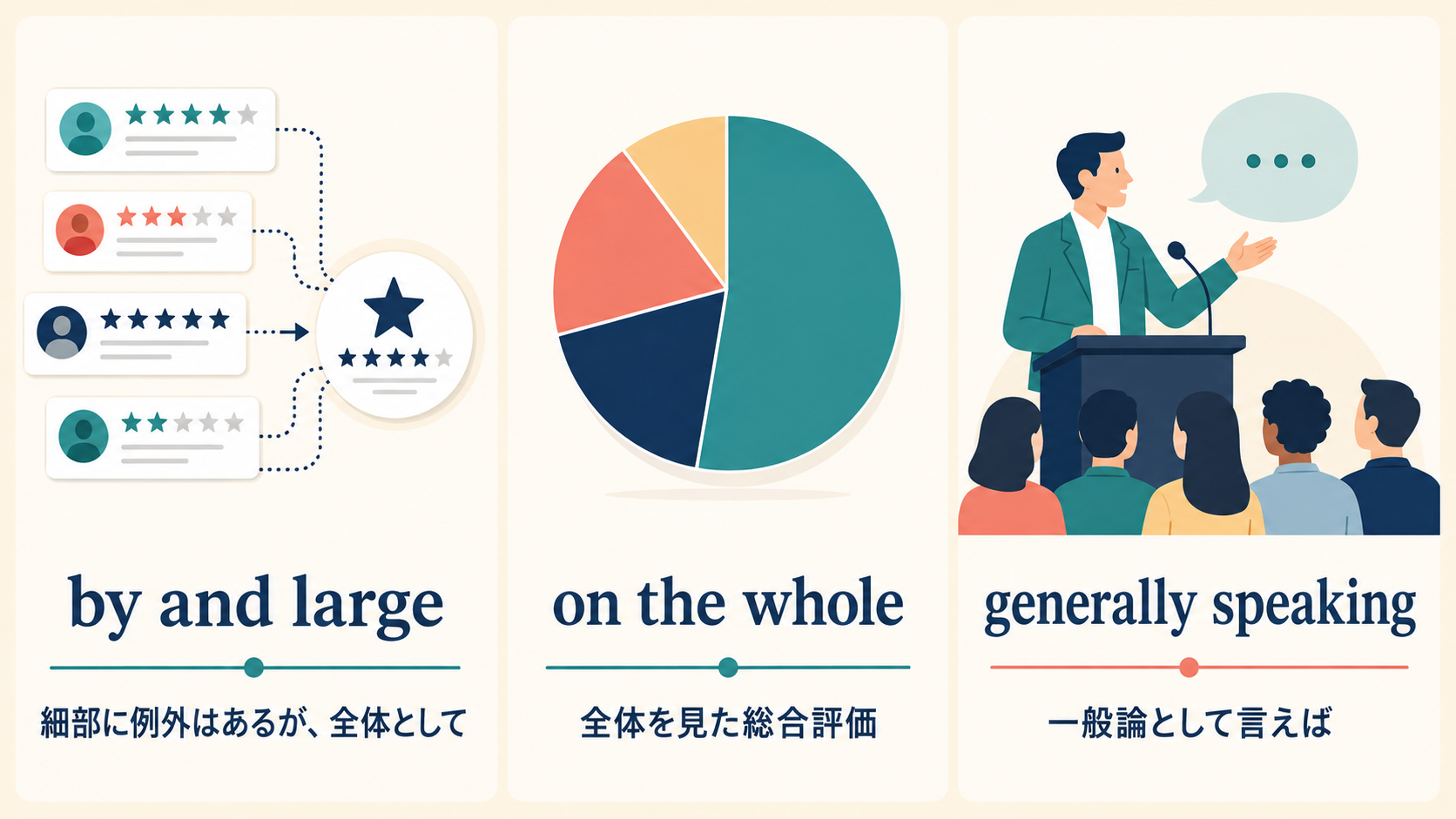 by and largeとon the wholeとgenerally speakingのニュアンス比較