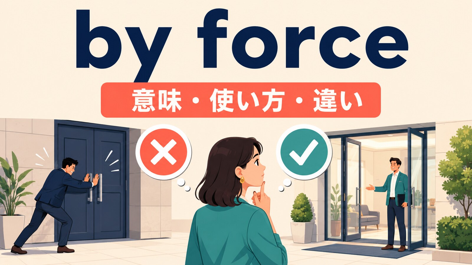 by forceの意味・使い方・類似表現との違いを解説するアイキャッチ画像