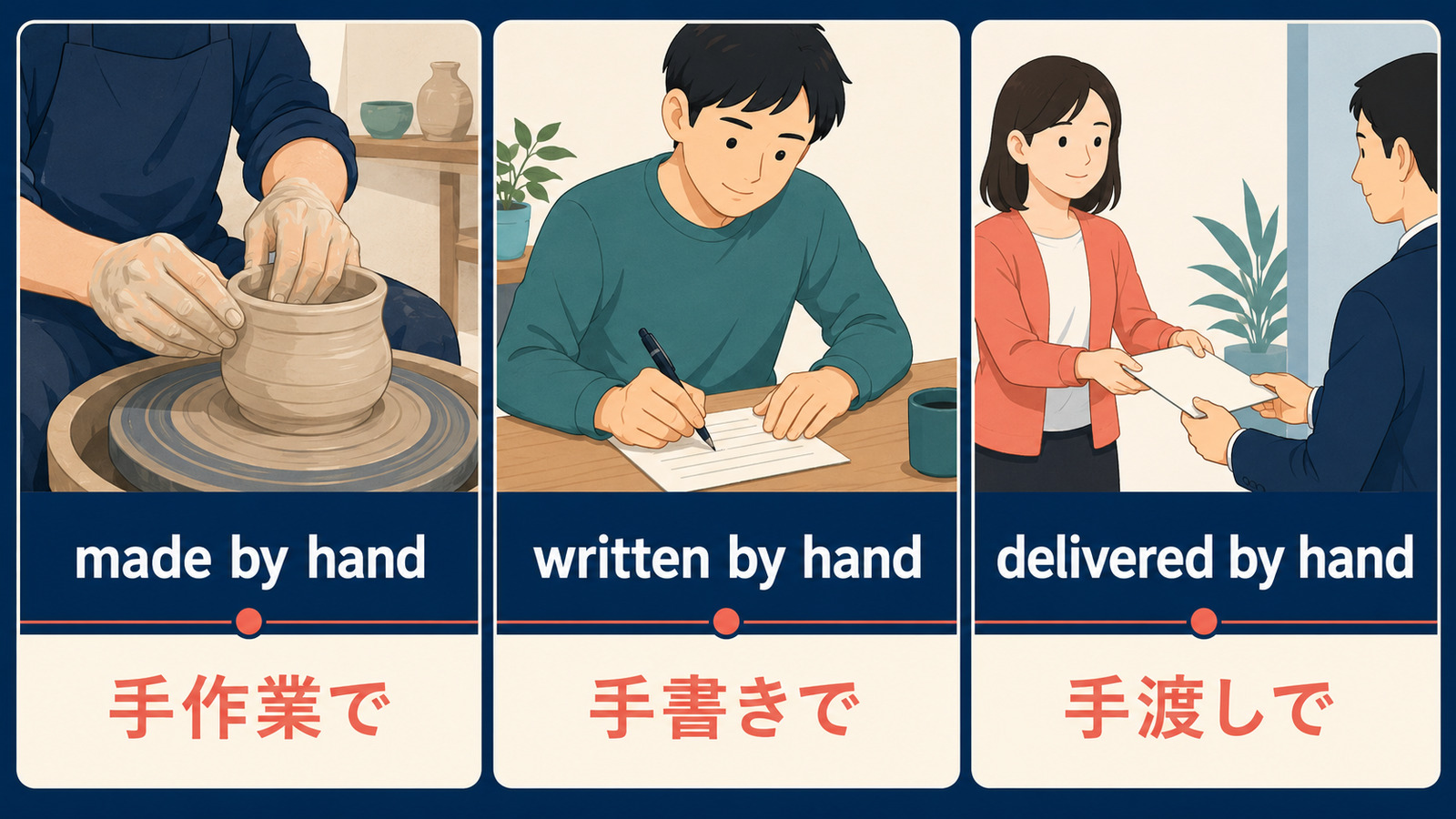 made by handとwritten by handとdelivered by handの違い