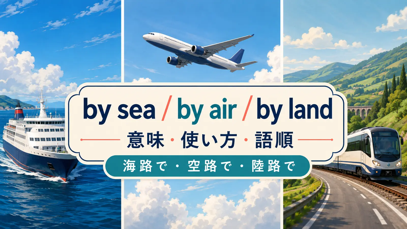 by sea・by air・by landの意味・使い方・語順を示すアイキャッチ