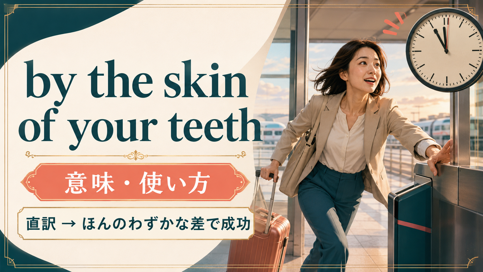 by the skin of your teethの意味と使い方を示すアイキャッチ画像