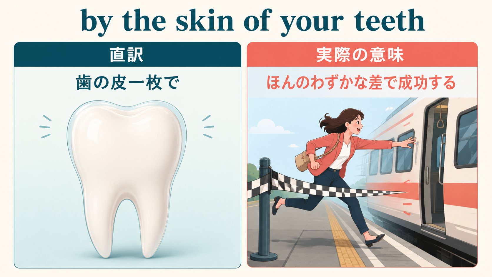 by the skin of your teethの直訳「歯の皮一枚で」と実際の意味「ほんのわずかな差で成功する」の比較図