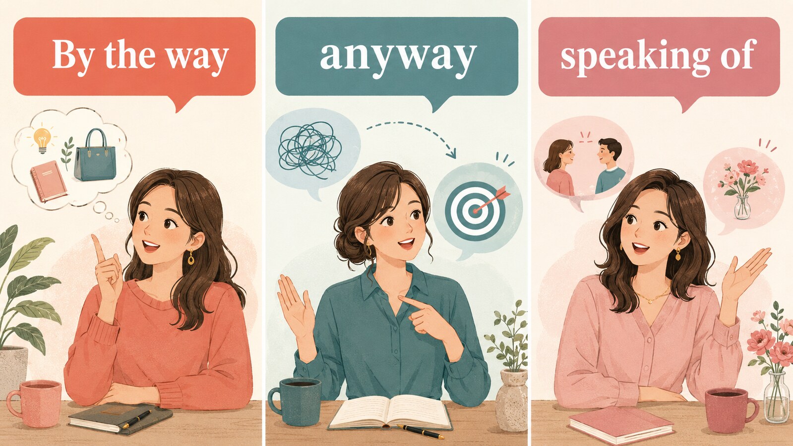 By the way・anyway・speaking ofの話題展開の違いを示す比較イラスト