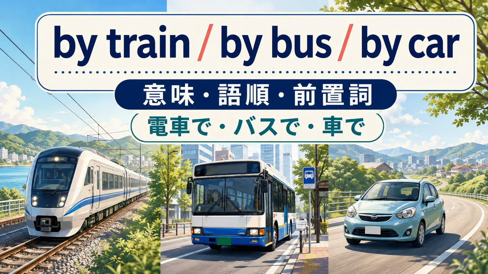 by train・by bus・by carの意味は？冠詞なしの語順とon・inとの違い