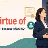 by virtue ofの意味と資格・地位を根拠に権限を得るイメージを表すアイキャッチ画像