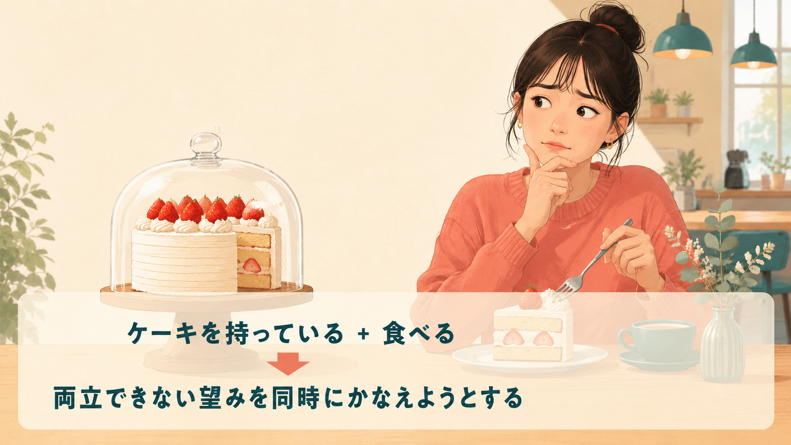 have your cake and eat it tooの直訳と実際のニュアンスを比較する解説イラスト