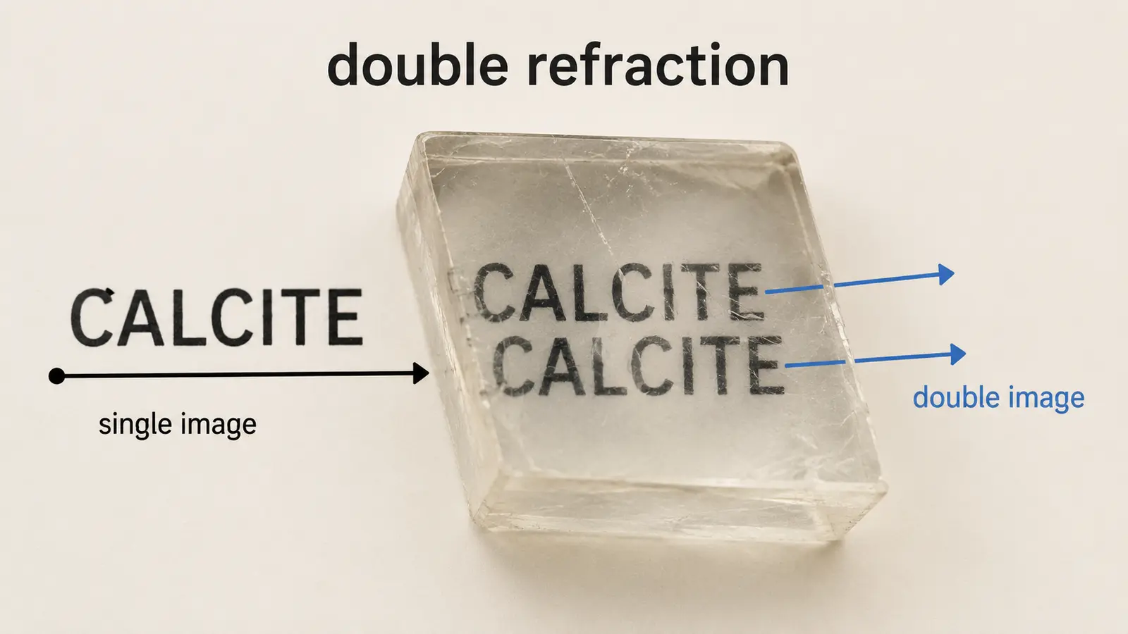 透明な方解石を通すと文字が二重に見えるdouble refractionの英語図解