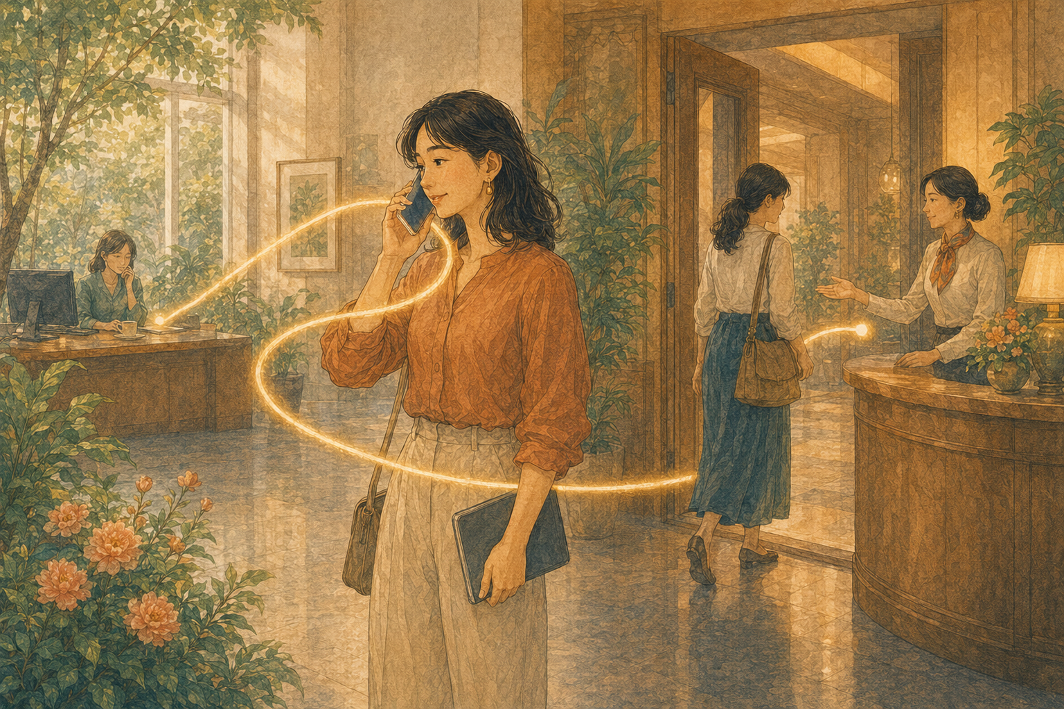受けた電話を相手へかけ直し人を呼び戻す女性
