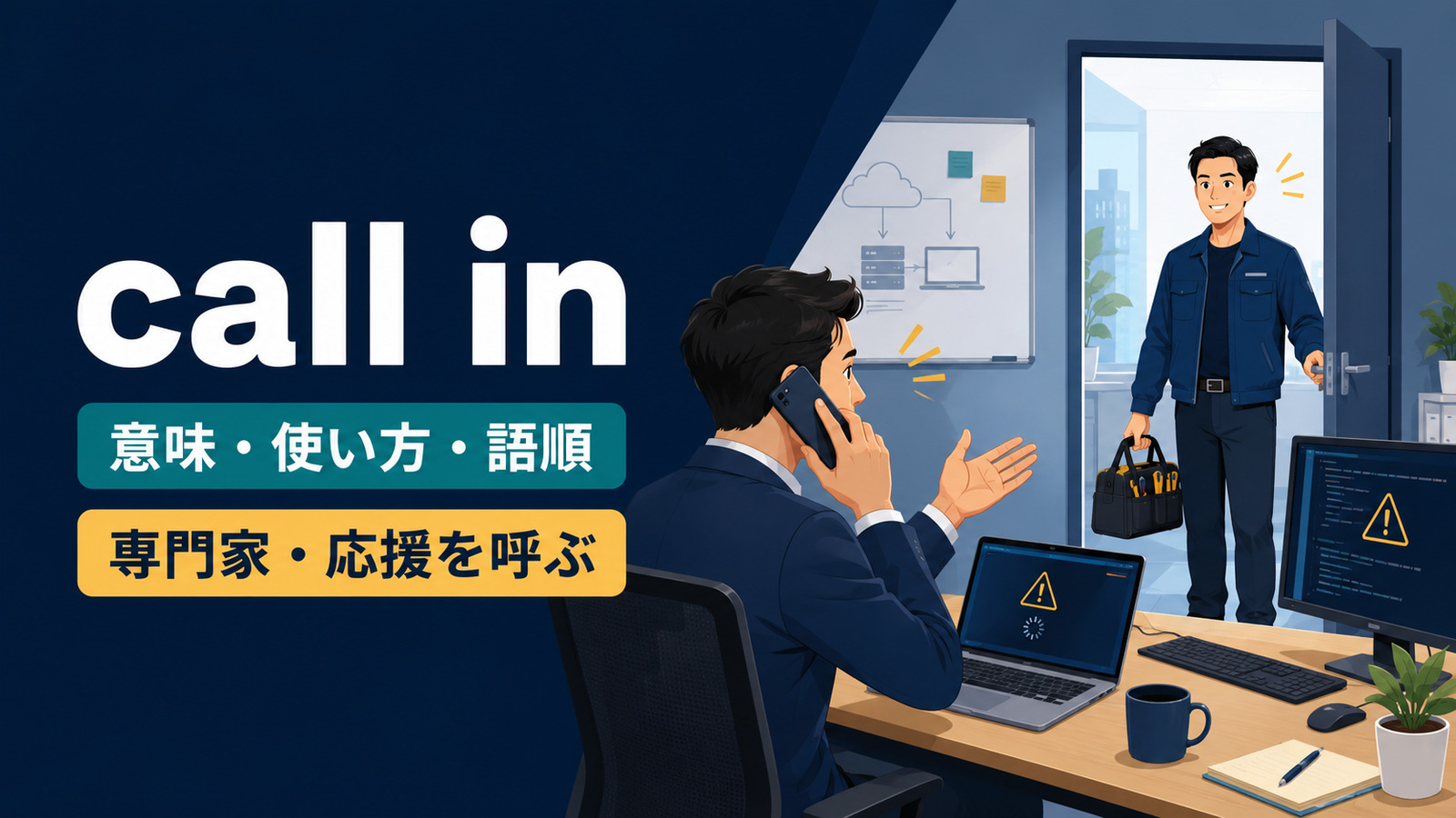 call inの意味は？「専門家・応援を呼ぶ」の使い方・語順とcall upとの違い