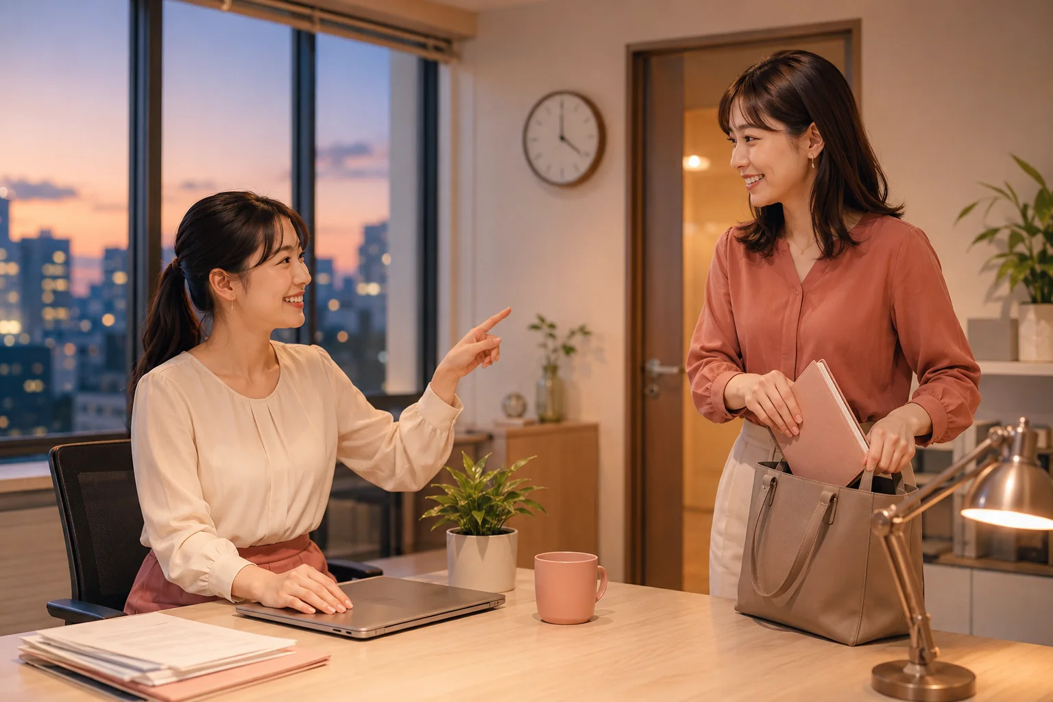 夕方のオフィスで仕事を今日はここまでにする女性たち
