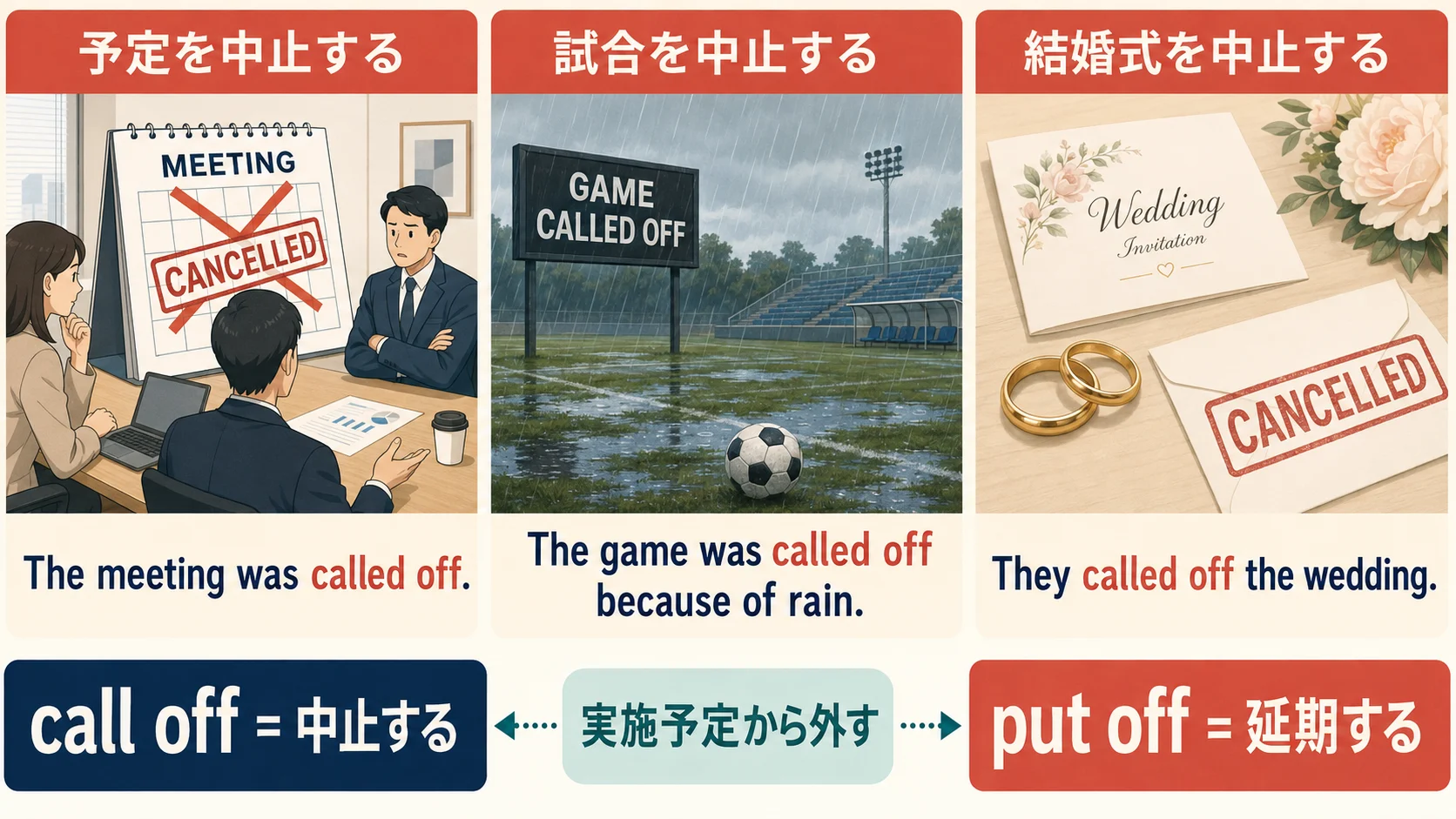 Call offの例文。会議・試合・結婚式の中止とput offとの違い