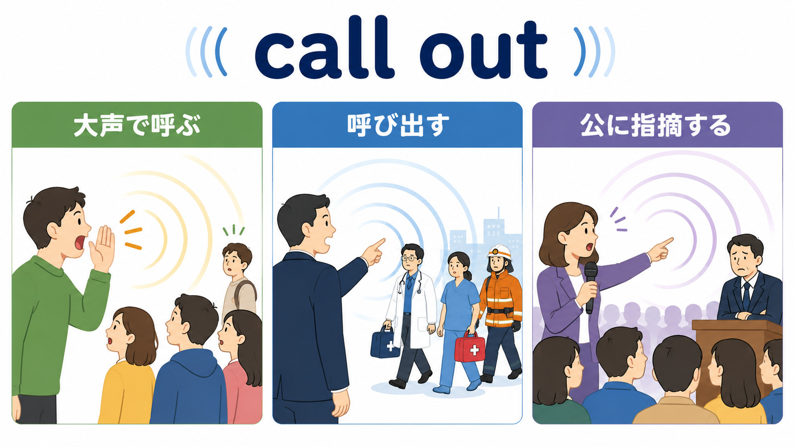 call outの大声で呼ぶ・呼び出す・公に指摘するの3つの意味