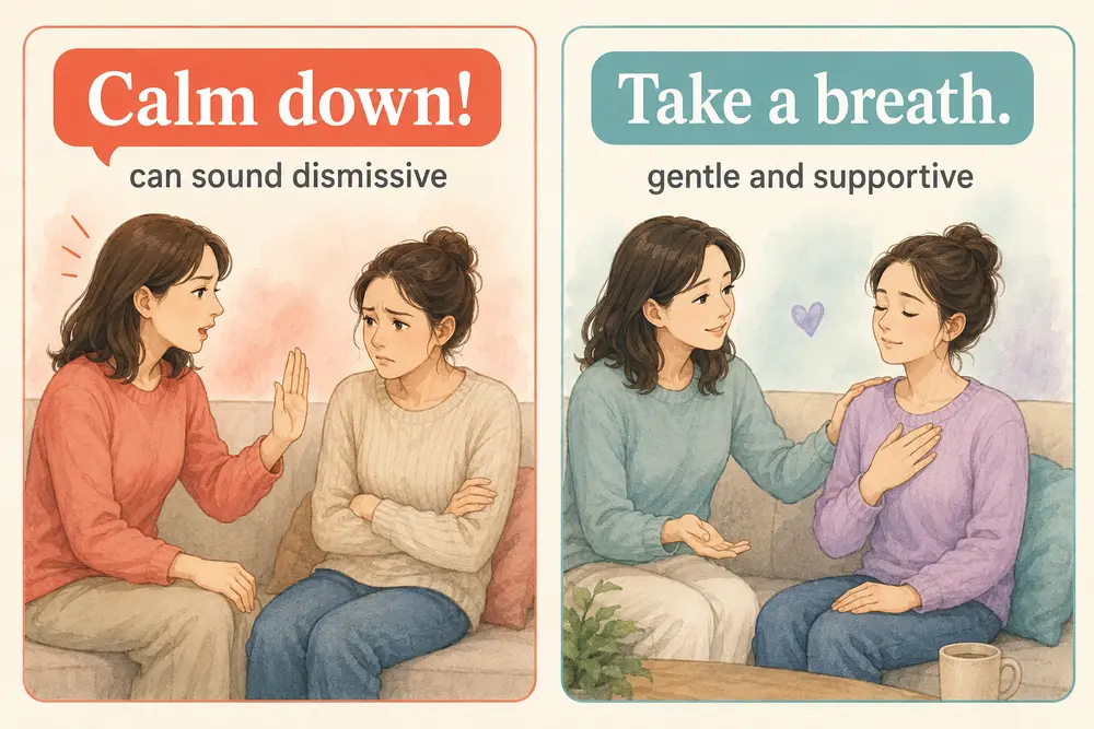 Calm downとやわらかい言い換えの違いを示すイラスト