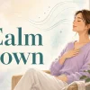 Calm downの意味を表す、深呼吸して落ち着く女性のイラスト