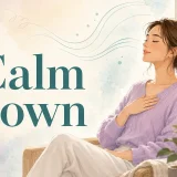 Calm downの意味を表す、深呼吸して落ち着く女性のイラスト